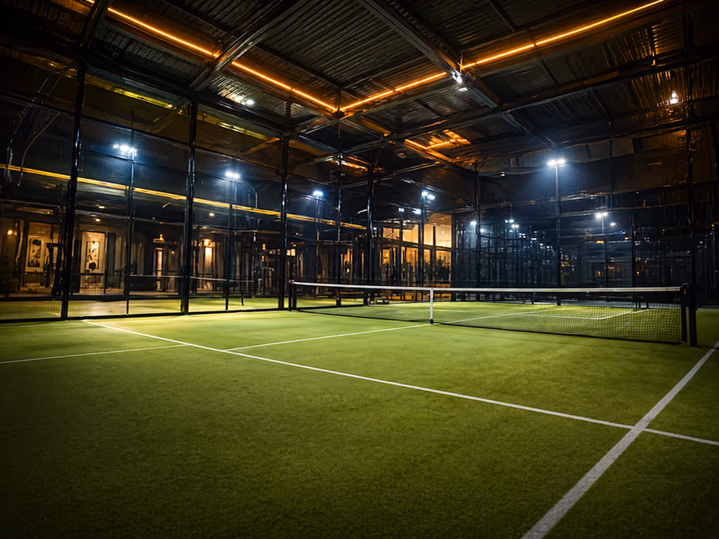 Indoor cricket net under floodlights